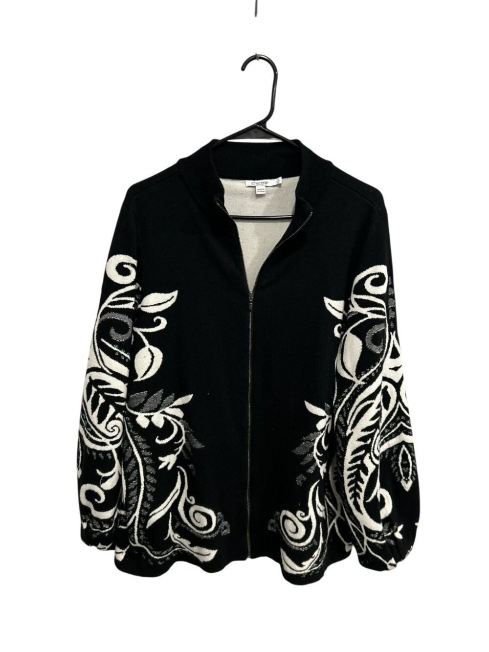 Chicos XL Black White Jacquard Zip Up Jacket Leaf Pattern Cozy Heritage Style